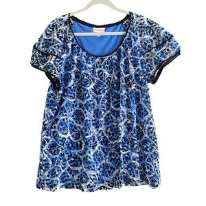 VTG Fashion Bug Top Blue Floral Lace Layered Women 1X Short Sleeve Scoop Neck